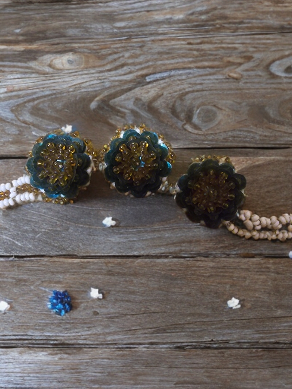 Vintage Handcrafted Floral Beaded Necklace & Earrings in Green and Gold